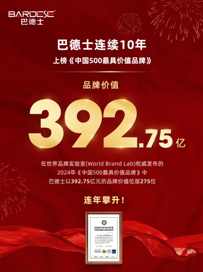 392.75亿！巴德士连续10年上榜中国500最具价值品牌！